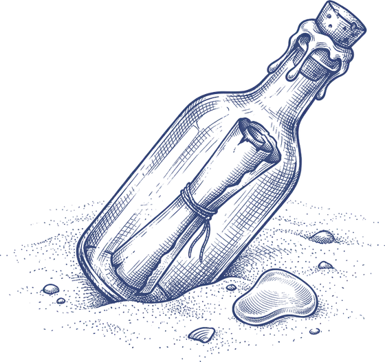 Pen-and-ink drawing of a wax-sealed message in a bottle resting on the sand