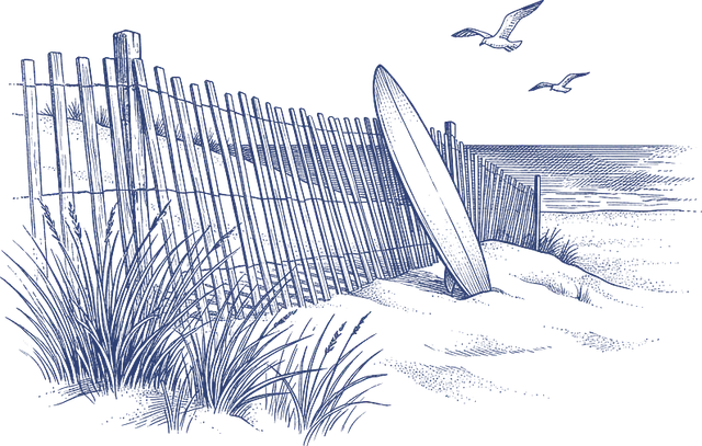 Pen-and-ink drawing of a dune fence and surfboard on a Delaware beach