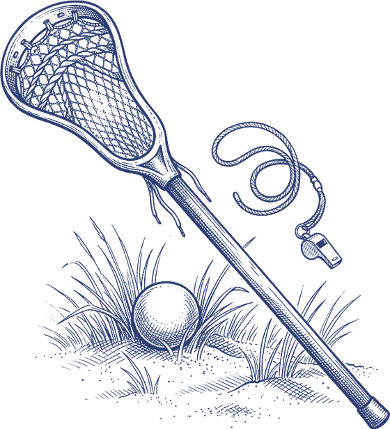 Pen-and-ink drawing of a lacrosse stick, ball and whistle in beach grass