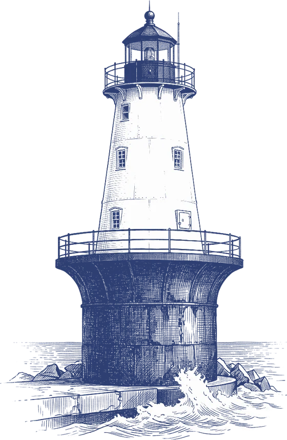 Pen-and-ink drawing of the Harbor of Refuge lighthouse off Lewes