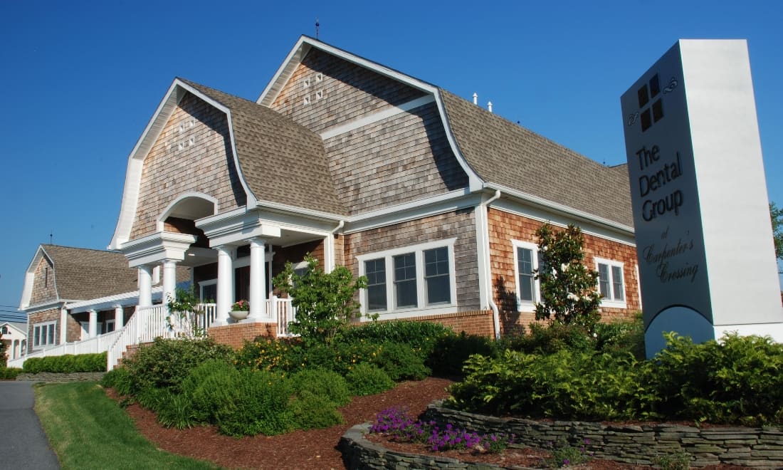 Cedar-shingle exterior of The Dental Group at Carpenter’s Crossing in Lewes